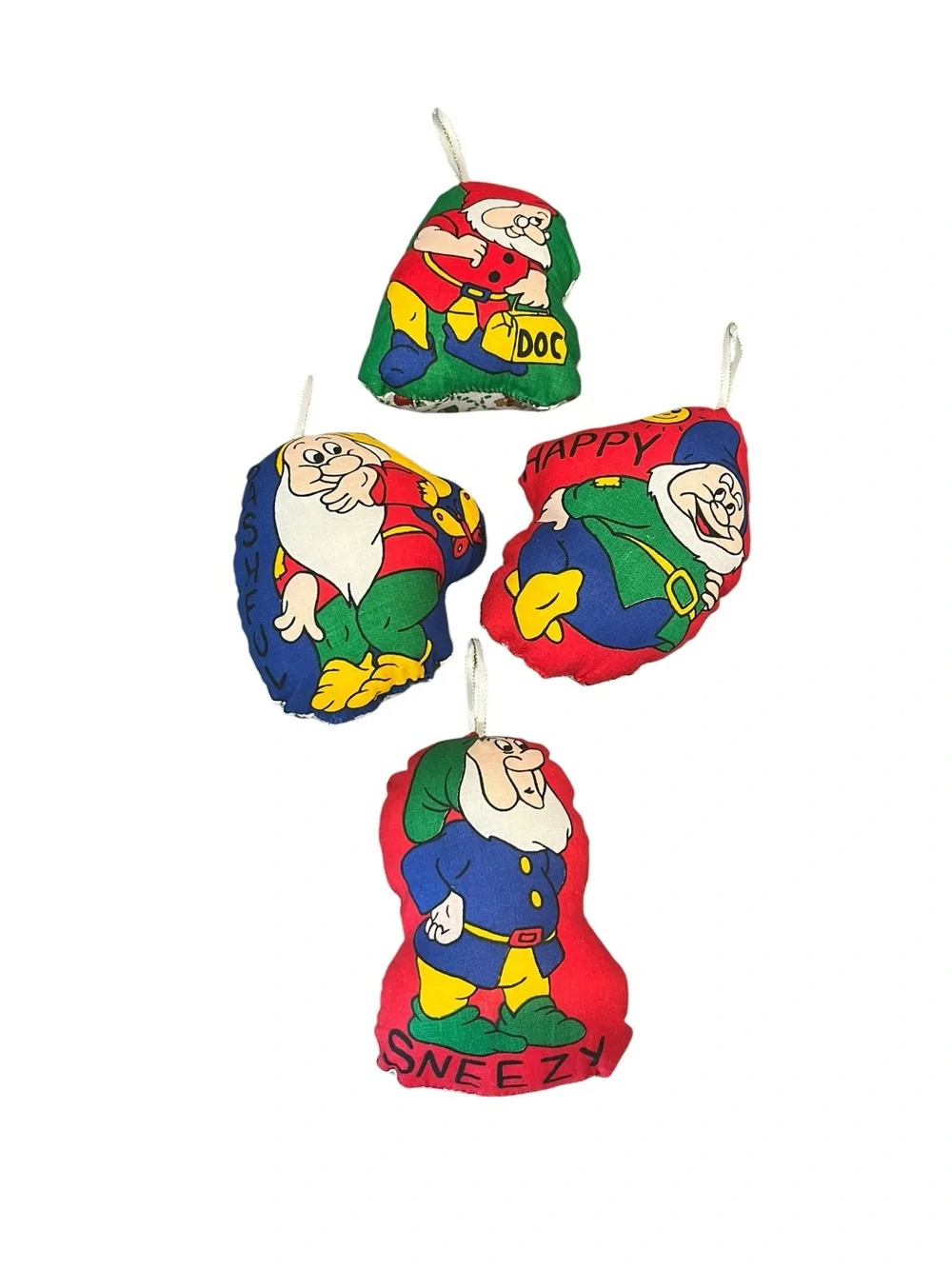 Vintage Seven Dwarfs Fabric Ornament Lot Doc Sneezy Bashful Happy Colorful